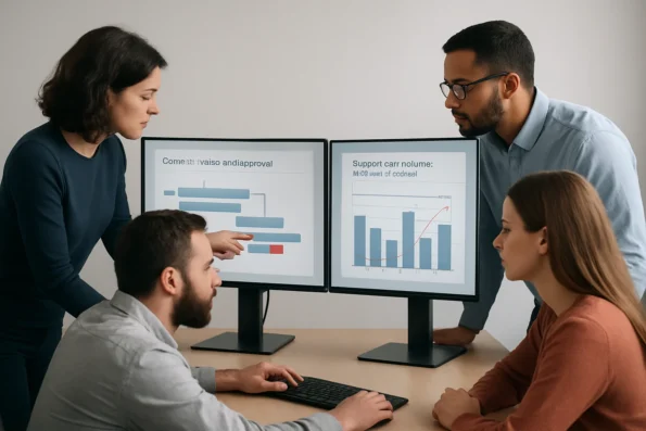 WordPress editorial team analyzing workflow analytics dashboards for content and support operations