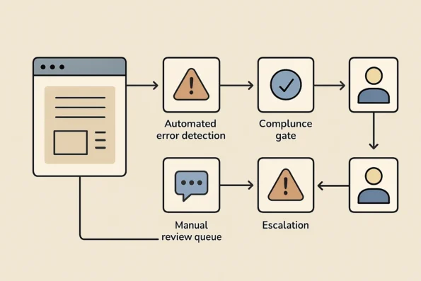 Workflow diagram depicting QA checkpoints in NextlerAI Publisher for editorial and marketing teams, including automated checks, compliance gates, reviewer assignments, and escalation routes.