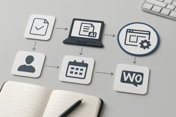 Workflow diagram illustrating automated product content update in WooCommerce using NextlerAI Publisher, highlighting template selection, scheduling, approval, and publishing stages.