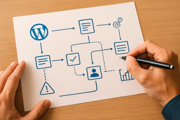 Workflow diagram illustrating automation and manual QA checkpoints in a WordPress publishing pipeline, featuring escalation paths and feedback loops for checkpoint optimization.