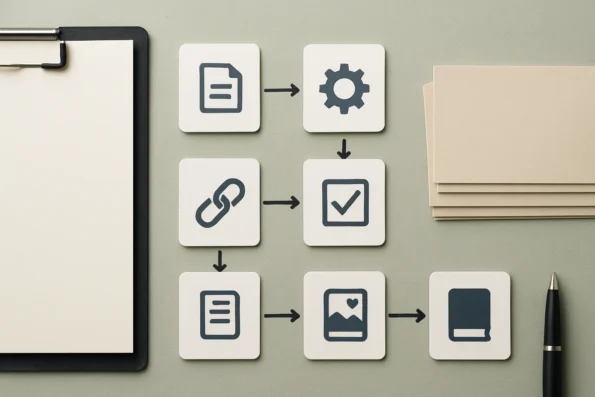 Workflow diagram illustrating six key decision steps for automating contextual internal linking and anchor text optimization in WordPress using NextlerAI Publisher.