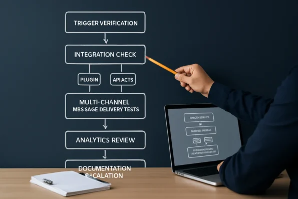 Workflow diagram illustrating step-by-step troubleshooting of AI automated follow-up sequences in WordPress and WooCommerce.