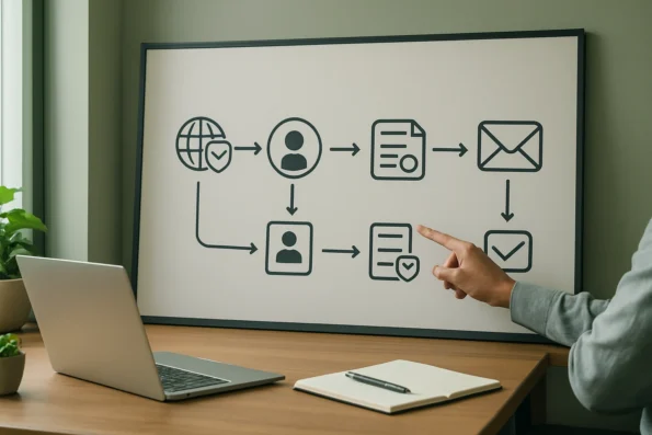 Workflow diagram of a marketing team’s AI outreach campaign, showing SPF/DKIM authentication, sender permissions, editorial and compliance review steps, and a phased rollout with rollback controls.