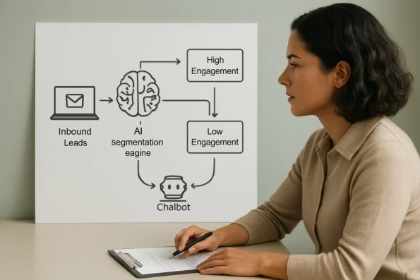 Workflow diagram of AI segmenting SaaS leads, triggering automated email and chatbot outreach, with human review before campaign launch.
