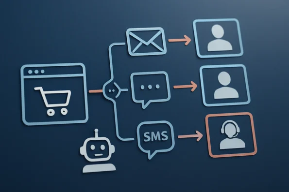 Workflow diagram showing AI-powered follow-up sequence for WooCommerce: abandoned cart triggers personalized email, chat, and SMS messages, with steps for human review and flexible configuration.